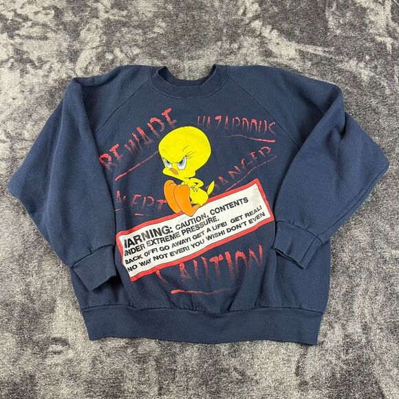 Vtg Looney Tunes Large Tweety Bird Danger Caution Crewneck Sweatshirt XL USA - Picture 1 of 9